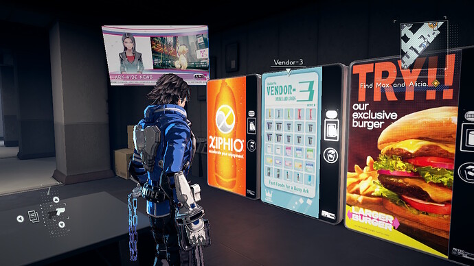 Astral Chain screenshot: looking at vending machines
