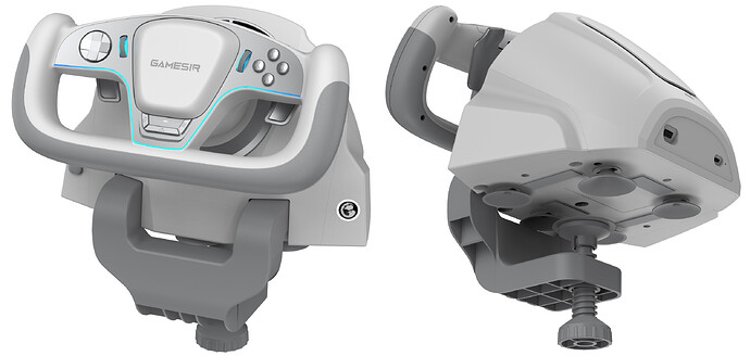 The GameSir Turbo Drive steering wheel controller pictured from two angles.