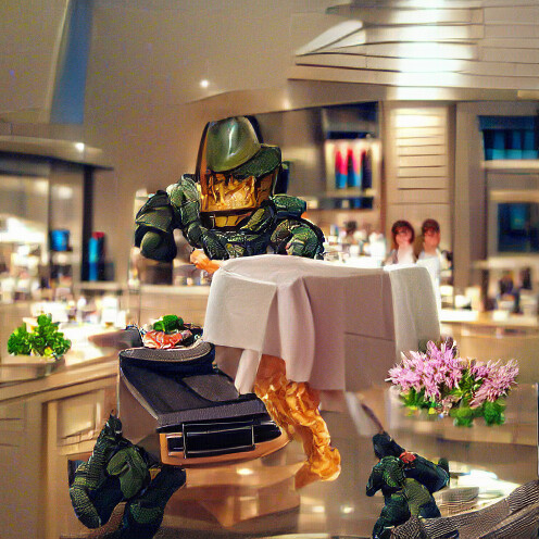 photorealistic master chief serving dinner at a fancy restaurant