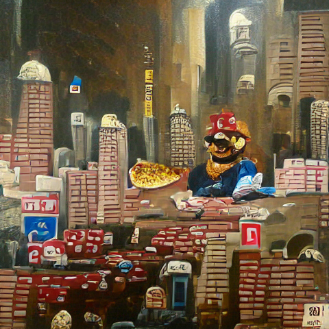 Super mario eating pizza in the big city